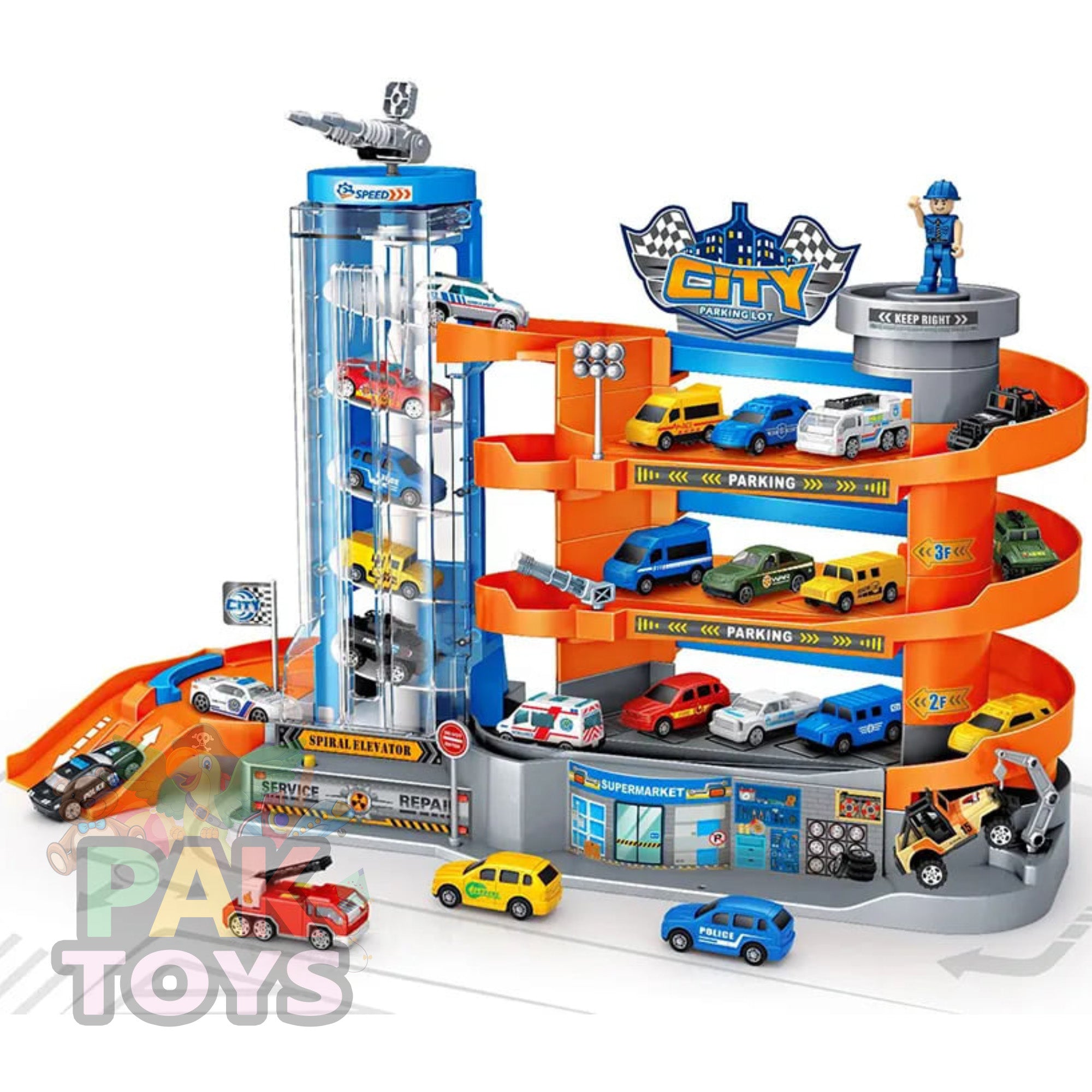 Parking Garage City play set for boys with spiral lift. Model No. YDX51